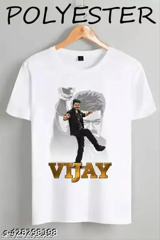 Thalapati Vijay printed polyester round neck t-shirt, classic trendy men's summer fashion under 199 (S: chest 36", length 25"; M: chest 38", length 26"; L: chest 40", length 27"; XL: chest 42", length 28"; XXL: chest 44", length 29")