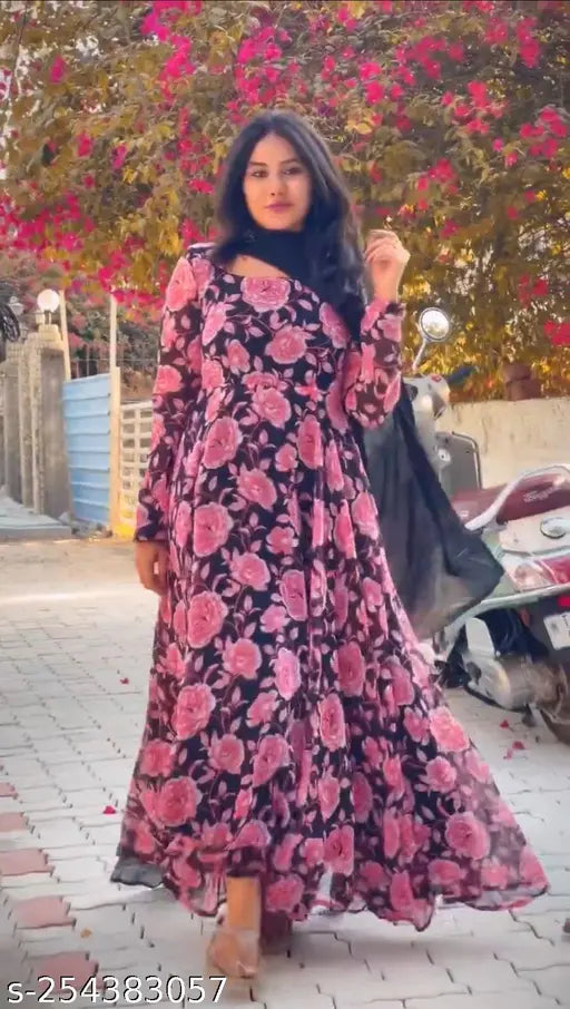 Georgette floral printed anarkali dress, long sleeves, digital printed heavy American crepe full lining, exclusive designer one-piece gown, size S-6XL, India origin