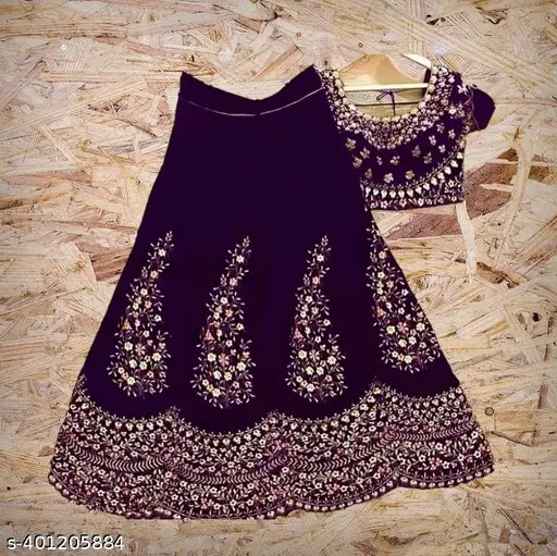 Red, blue, pink velvet lehenga choli blouse with net dupatta for girls, embellished with embroidery and suited for parties or special occasions, Indian traditional wear for tween to teens