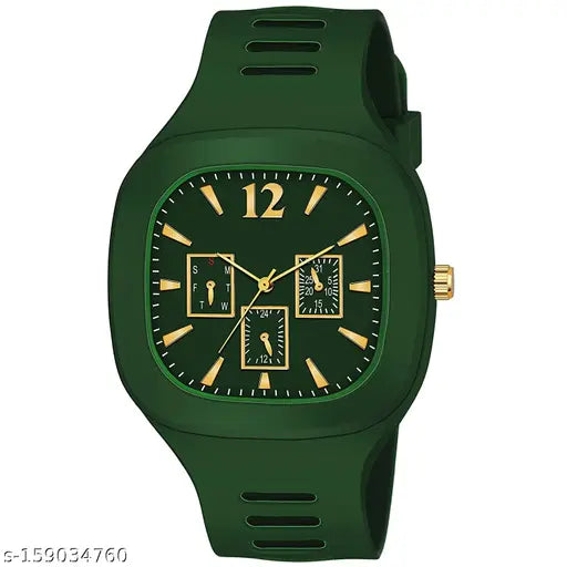 Green watch with yellow numerals, black strap, 12:00 time display