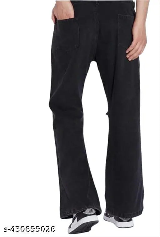 Black cotton baggy pants men's knee cut slim fit