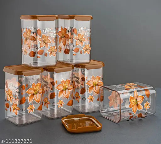 Clear plastic storage containers, orange floral print, 1100ml set of 6