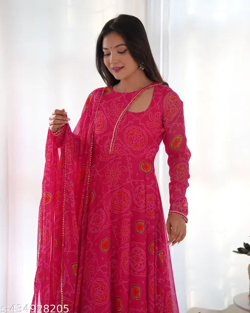 Women's bandhani printed Georgette kurti pant set with dupatta, long sleeves, vibrant prints. S-XXXL sizes available. Indian handcrafted fashion