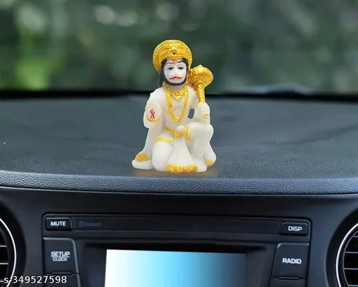 White polyresin Hanuman Ji Murti, 3-inch small size, for car dashboard, home pooja, office decor. Detailed artwork by skilled Indian artists