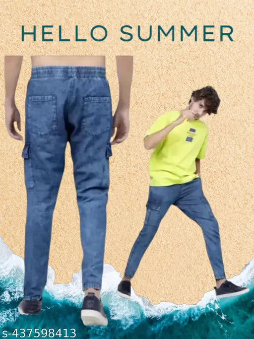 Soft blue denim cargo pants with pockets