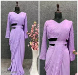 Lavender Georgette sari, embroidered border, belted style