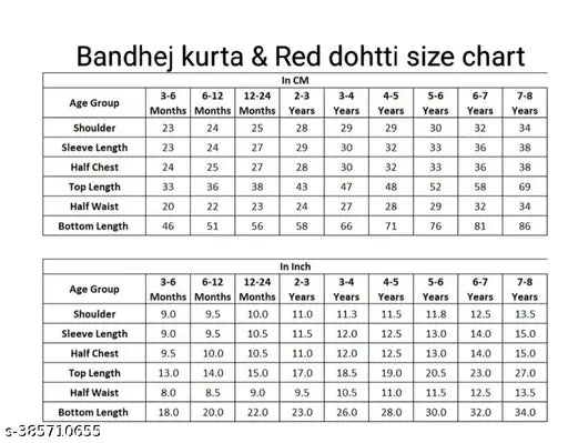 Red Bandhej and Lace Embellished Kurta & Dhoti Set for Girls (Age: 12-18 months to 7-8 years), Indian handcrafted cotton rayon attire with three-quarter sleeves and A-line top, above knee length