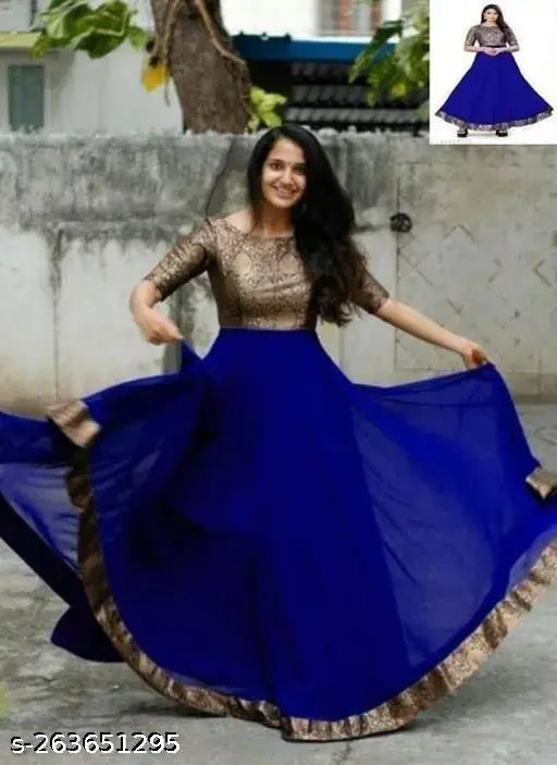 A blue lively lehenga gown with golden border