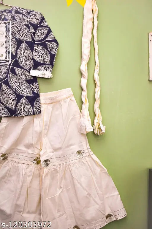 Leaf print cotton A-line kurti sharara with embroidered dupatta for children, 5-6 years - 14 years, Indian traditional clothing on display