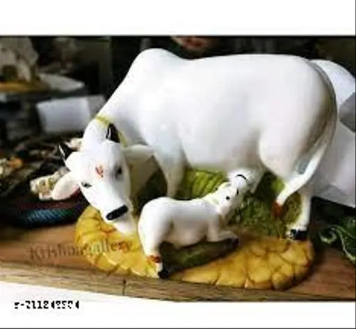 Multicolor poly resin cow & calf figurine with stone embellishments, perfect for home temples or decor