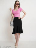 Black knitted peplum A-line skirt from POPWINGS, made of durable polyester. Ideal for a flattering, figure-hugging style with knee-length or midi hemlines. Perfect for casual tops and heels. Size options available: 26 (Waist 26in, Length 26in, Hip 34in), 28 (Waist 28in, Length 26in, Hip 36in), 30 (Waist 30in, Length 27in, Hip 38in), 32 (Waist 32in, Length 27in, Hip 40in). Origin: India