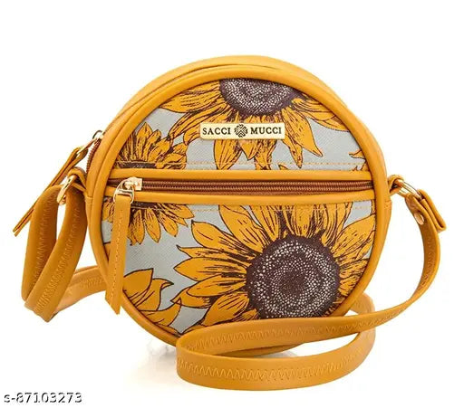 Round sling bag with floral pattern and brown straps