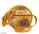 Round sling bag with floral pattern and brown straps