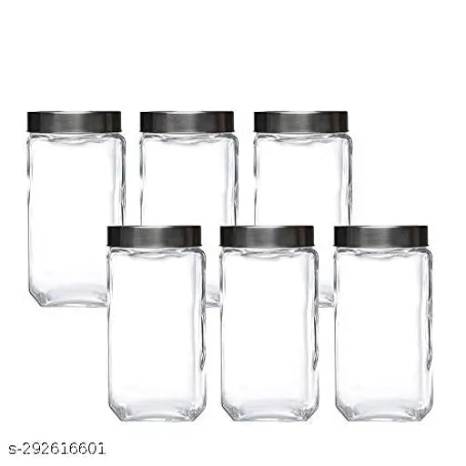 Transparent airtight glass jars, 1Ltr cube shape for kitchen storage, set of 6