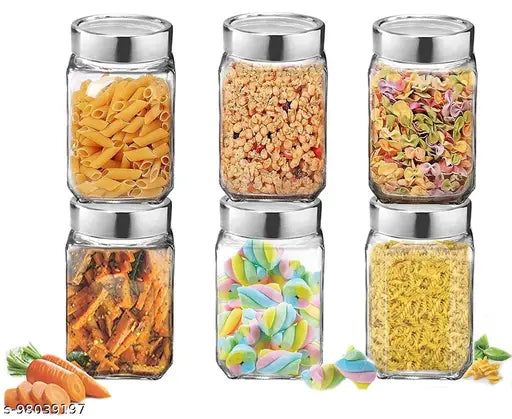 Six glass canisters with airtight lid, buckle closure, each with different ingredients like cereal, spices, and nuts