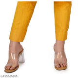 Yellow cotton blend women's pants with elastic waistband, solid design from India