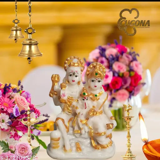Marble Shiv Parivar statue with golden design, featuring intricate details of Lord Shiva, Parvati, Ganesha, Kartikeya, and more. Size: 7cm (L) x 10cm (H) x 5cm (W)
