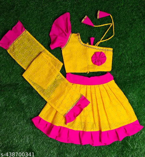 Embroidered cotton Hakoba lehenga with sleeveless top and net stitching, for infants and toddlers up to 18 months, Indian traditional attire