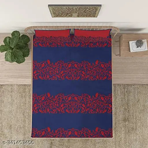 Mosaic navy and red printed cotton flat sheets, 200 thread count, ethnic motifs, adult size double queen, origin India