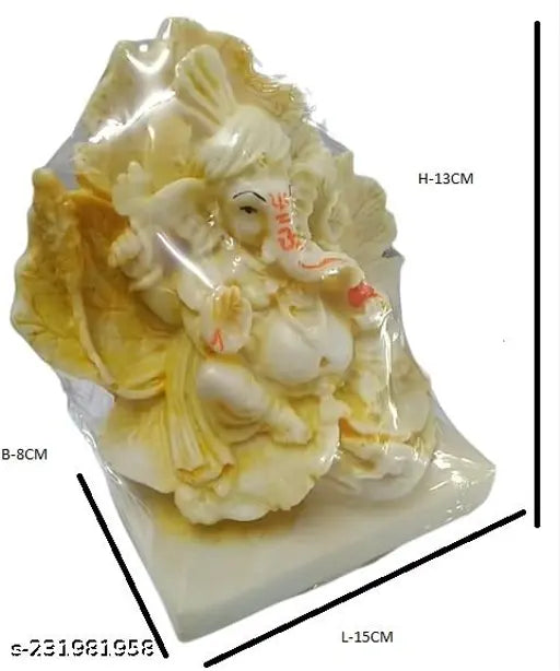 Polyresin, multicolor Lord Ganesh Idol on leaf, durable religious showpiece for home decor & temple (13 cm)