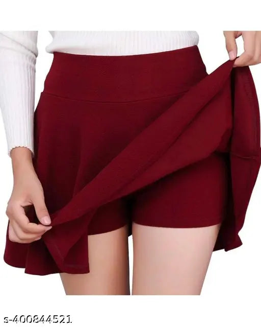 Solid polyester skater skirts with attached inner shorts - activewear for women, doubled-layered and stretchy, available in sizes 26-36