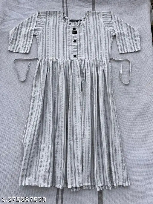 White cotton blend striped maxi dress for women under $300, three-quarter sleeves, daily wear