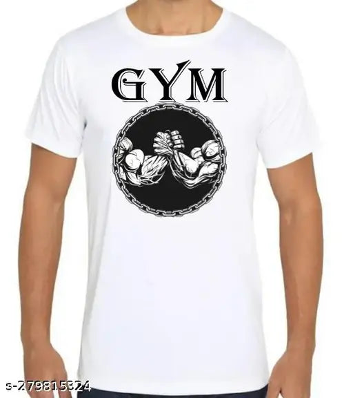 White polyester gym t-shirt with sublimation printing, round neck and short sleeves. Gym sports apparel for men or women, high quality by RK Sports, made in India