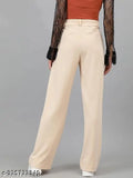 Beige polyster pants with side pockets, Korean pents design, for women, featuring a spandex waistband and a relaxed fit