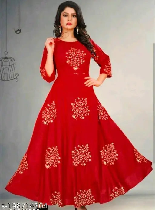 Rayon three-quarter sleeve Anarkali red kurti for women, self-designed print for party wear, attractive and fashionable on a mannequin