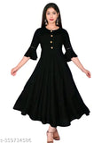 Black rayon Anarkali kurti with gown flare, stylish three-quarter sleeves, fashionable long kurti for women. Indian ethnic wear, elegant design, embellished detailing