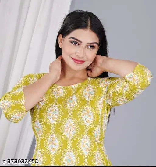 Women's yellow cotton printed night suit top & pyjama coord sets, soft cotton fabrics, floral print on display