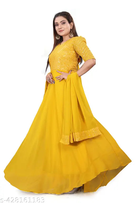 Vidhi Yellow Georgette anarkali dress, solid yellow squance work embroidery, full sleeves, size S-XXXL, Indian fashion