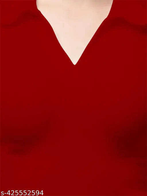 Stylish red polyester blend ribbed collar V-neck long sleeve top, 20 inches length