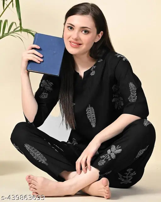 Black rayon night suit plain, printed net pyjamas for sleepwear