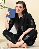 Black rayon night suit plain, printed net pyjamas for sleepwear