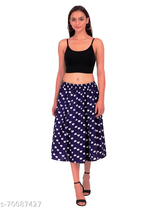 Grace Diva blue-brown floral mid calf length women's skirt combo, printed net crepe fabric with blue heart print