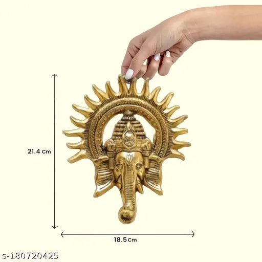 Golden aluminum Ganesh wall hanging decorative showpiece, intricate Indian artwork, 28cm in size