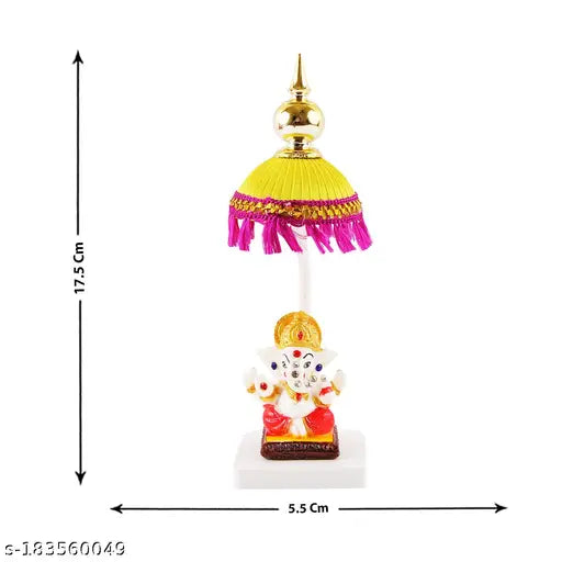 Marble polyresin Ganesha idol with fabric chatri stand, versatile for car dashboards, office tables, and study tables
