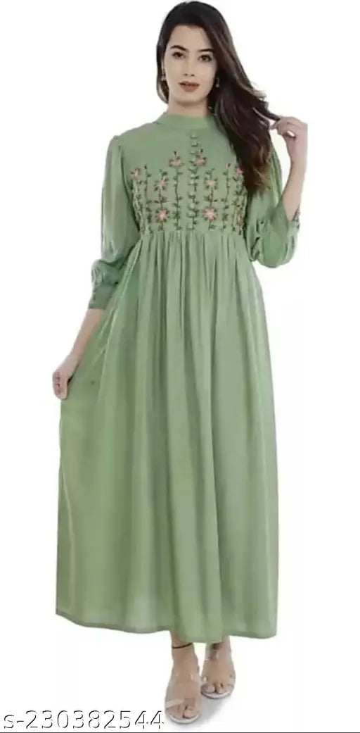 Classy rayon Anarkali gown with 9 buttons and machine embroidery, Indian festival wear for women