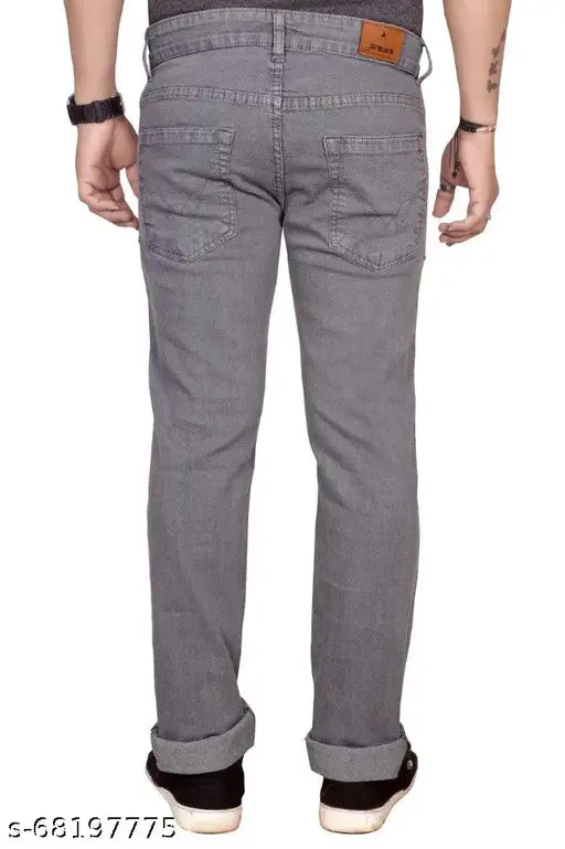 Black cotton straight-leg jeans for men, solid grey color, regular fit with stretch, size 28 or 48 inches waist and 42 inches length