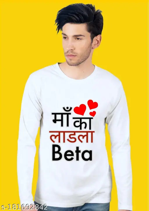 Printed polyester long-sleeved shirt for men, "Maa ka ladla beta" design, Indian fashion wear on hanger