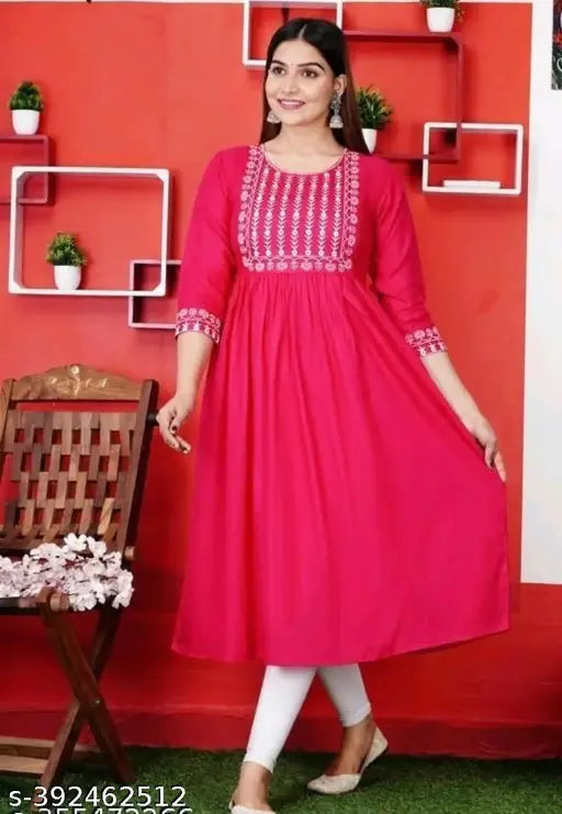 Pink viscose rayon Anarkali dress, solid color, traditional Indian style clothing, three-quarter sleeves
