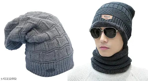 Grey wool unisex knitted beanie cap with neck warmer - set of 3 pieces (Grey-Grey)