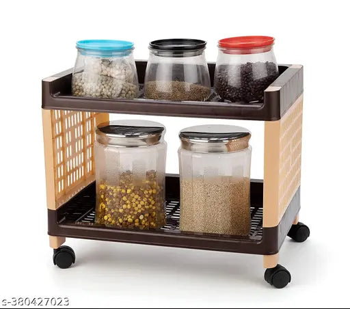 Brown wooden rolling storage rack in kitchen