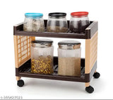 Brown wooden rolling storage rack in kitchen