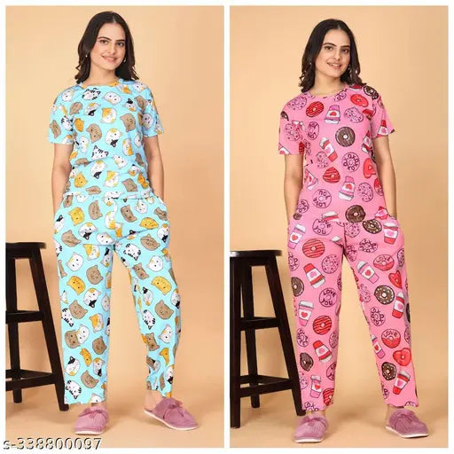 Printed polycotton women's pyjama & t-shirt nightsuit, short sleeves, vibrant design, various sizes available (S-XXL), made in India