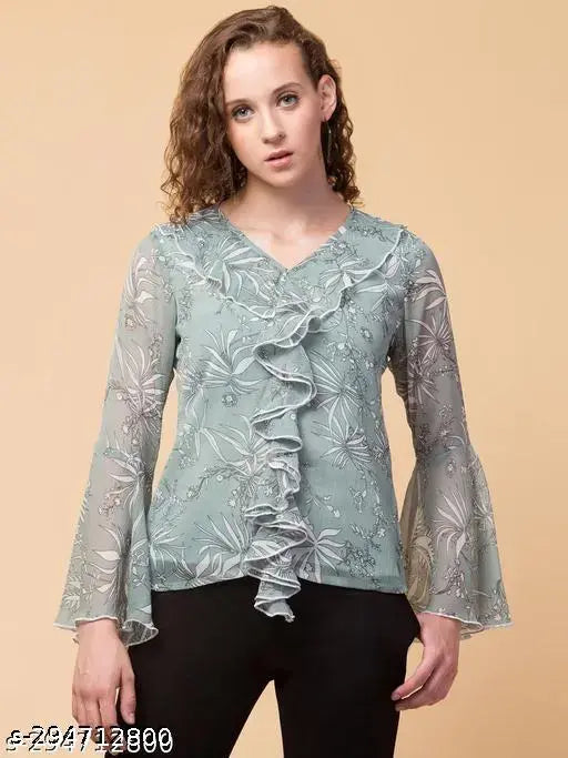 Olive green chiffon ruffle sleeve top by Hive91 for women - trendy, relaxed fit with long sleeves and front ruffle design