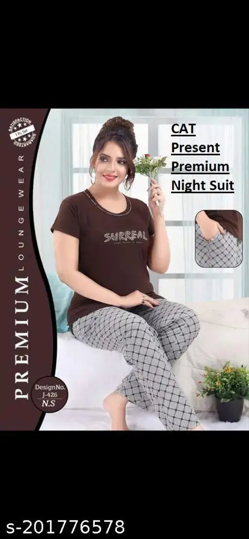 Chocolate brown women's cotton hosiery night suit: half sleeve T-shirt & pyjama pants set, suitable for casual and sleep wear, machine washable