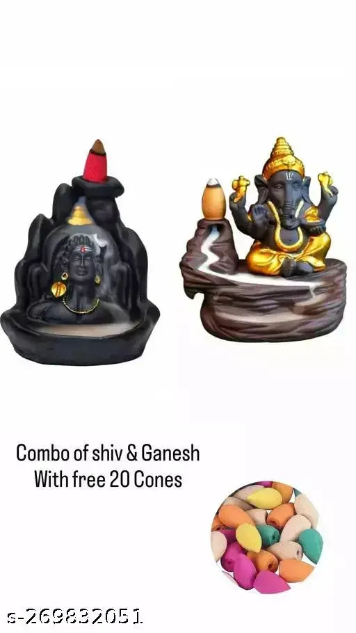 Poly Resin Shiv & Ganesha Smoke Backflow Combo with 20 Scented Cones. Indian god idols for home decor, festivals, and gifting