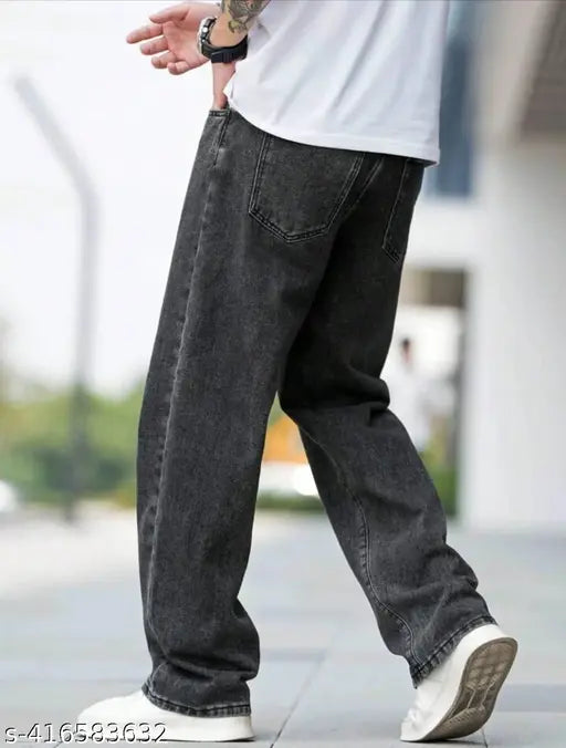 Black denim men's four-pocket jeans, solid black fabric, size 28(28-30-40), made in India